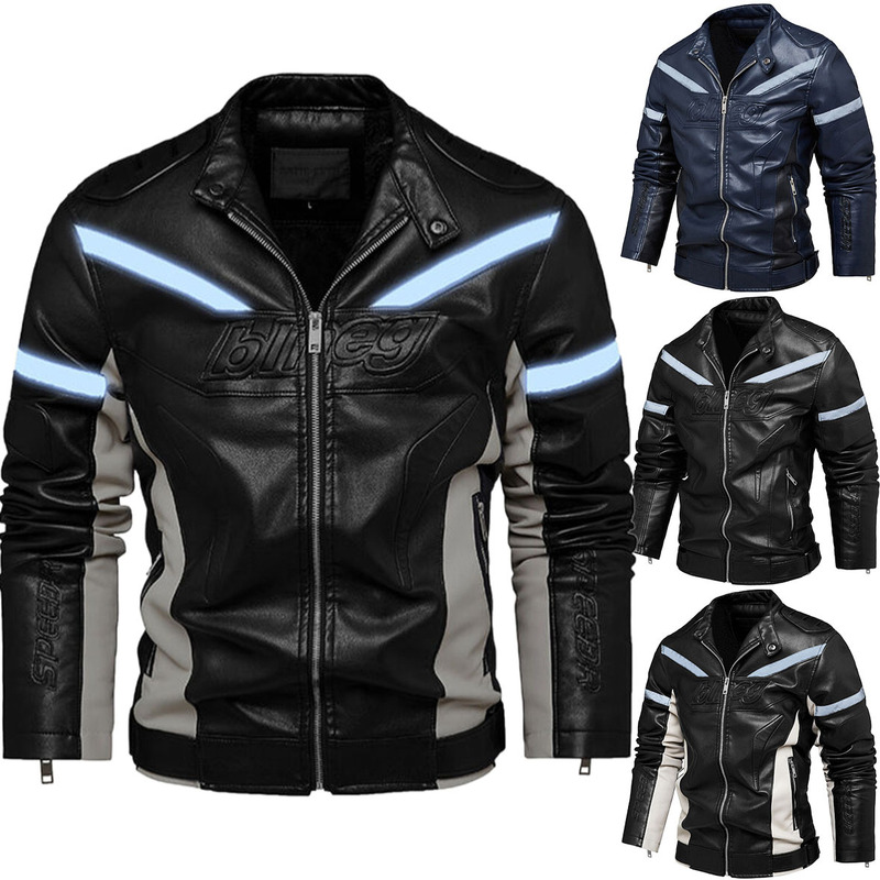 Cross-border foreign trade Men's winter New PU men's leather jacket fleece-lined reflective European and American motorcycle leather jacket wholesale Cross-border foreign trade Men's winter New PU men's leather jacket fleece-lined reflective European and American motorcycle leather jacket wholesale