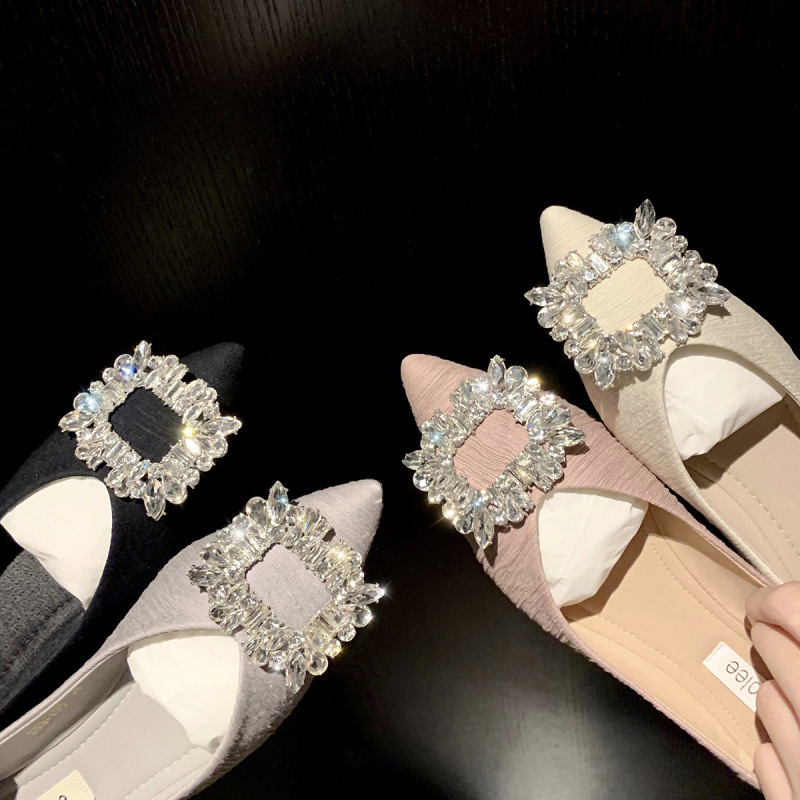 High-End Sheepskin Version ~ Grape Mom's Same Style French Square Buckle Rhinestone Pointed Toe Shallow Mouth Fairy Flats Women's Shoes