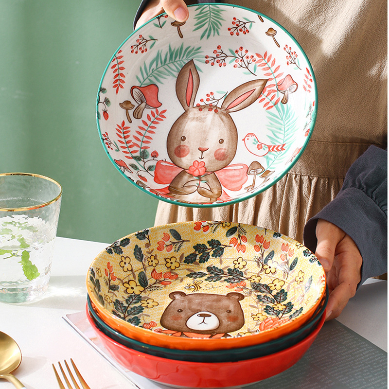 Jingdezhen bajo vidriado placa de cerámica lindo pintado a mano conejo chica cena placa Navidad estilo hogar Internet celebridad vajilla