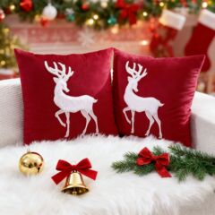 ホワイトエルク刺繍クリスマス枕カバー、クリスマスのリビングルームや部屋の装飾用クッションカバーに最適