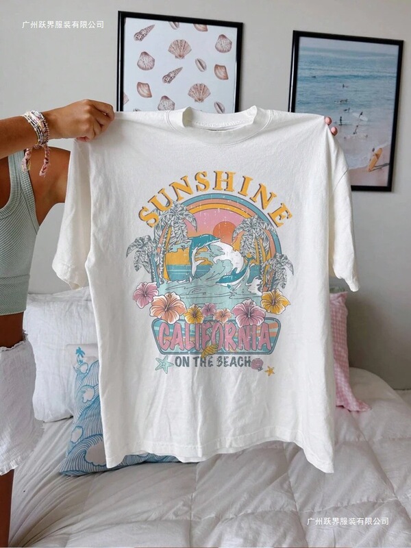 Sunshine California Beach Letter Graphic T-Shirt Women's Casual Short Sleeve Summer Oversized Street Style Loose T-Shirt