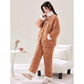 珊瑚绒三层夹棉睡衣女秋冬季加绒加厚开衫甜美外穿家居服套装冬天