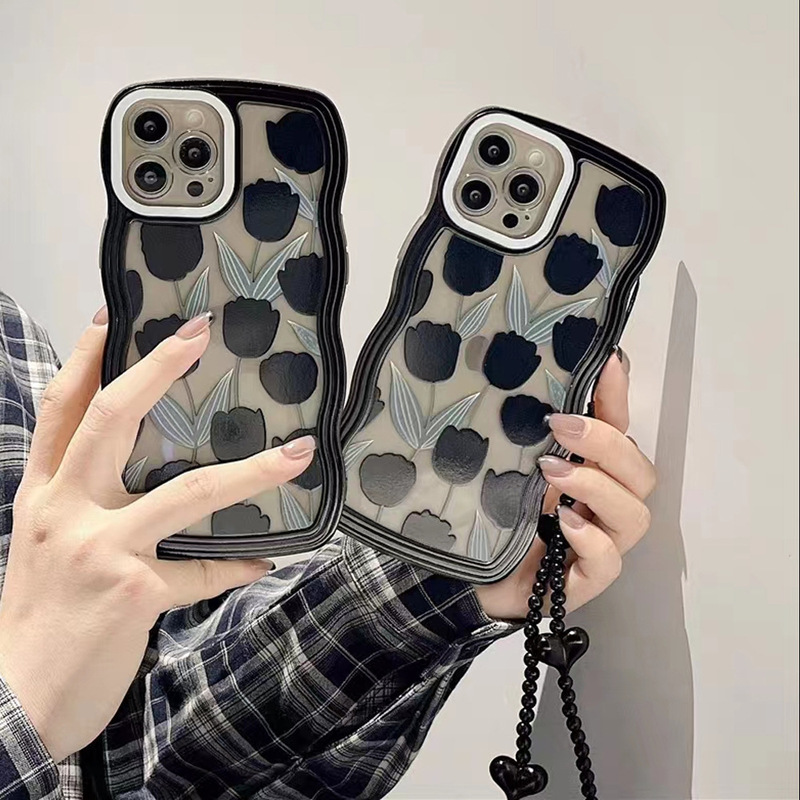 Big Wave iPhone 17 Black Heart-Shaped Anti-Drop Soft Case Protective Cover Flower Apple 13 15 16 Phone Case