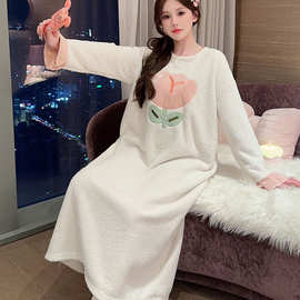 秋冬季新款可爱睡衣女加厚半边绒圆领睡裙女休闲甜美家居服套装