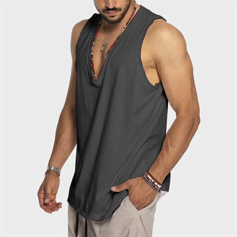 Camiseta sin Mangas Casual de Color Sólido para Hombre de Algodón para Verano