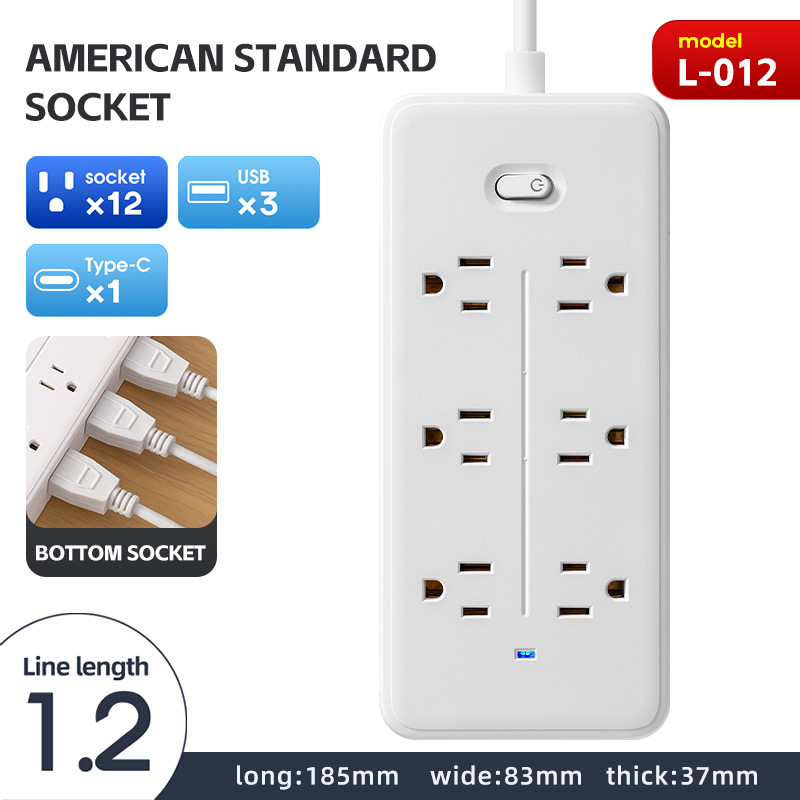 工厂货源店新款美规排插家用拖线插座美规插排3USB12位美规插线板