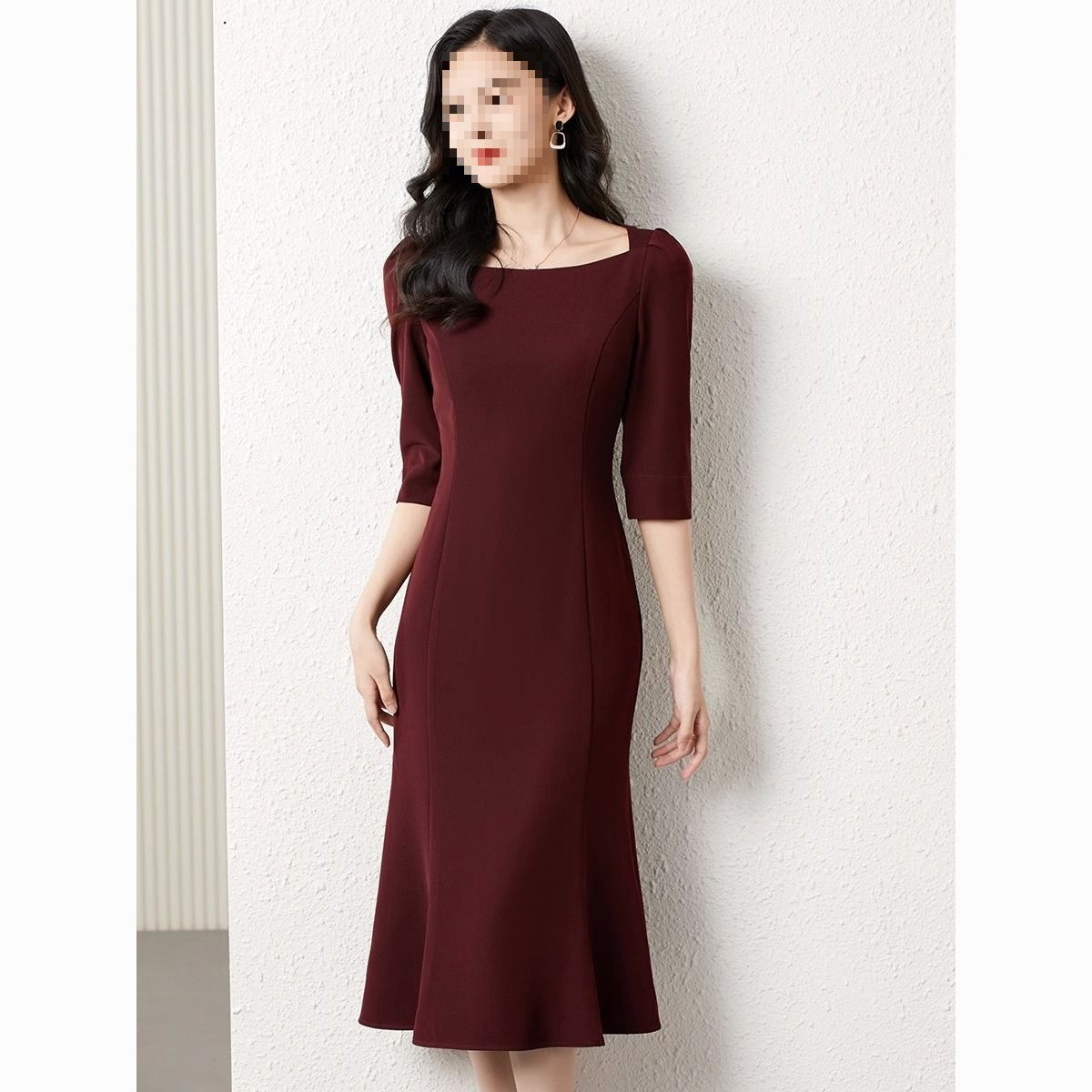 Burgundy Square Collar Elegant and Generous Engagement Dress over the Knee Dress Women's Spring New Style Elegant Hip-Hugging Fishtail Skirt