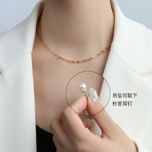 French niche design chocker imitation pearl earring clavicle chain necklace titanium steel 18k gold jewelry set 