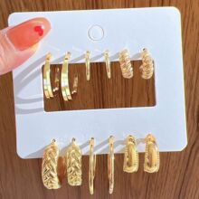 欧美跨境新款复古金色耳环套装耳钉6件套夸张复古几何耳圈earring
