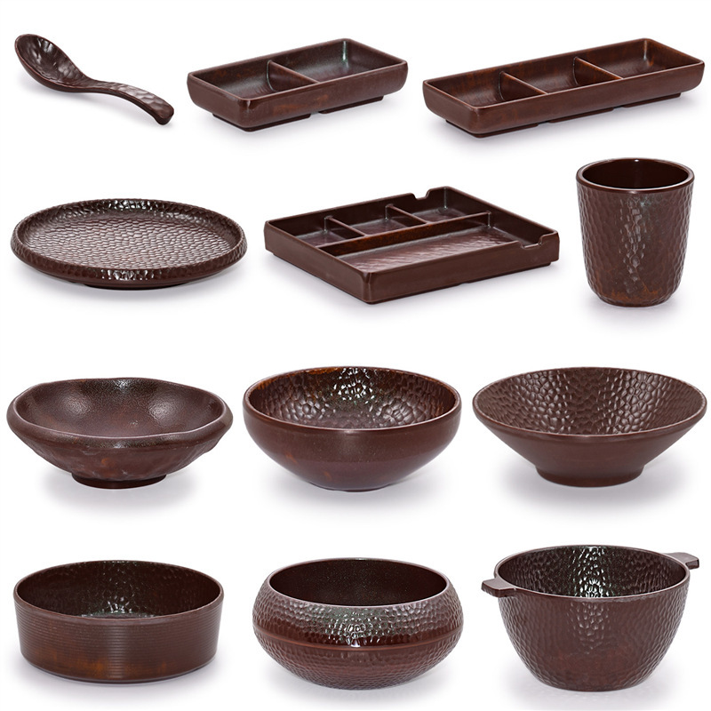 Melamine Rustic Style Tableware Four-Piece Set, Imitation Porcelain Japanese Hot Pot Barbecue Plastic Bowl, Plate, Cup, and Spoon Set for Commercial Use