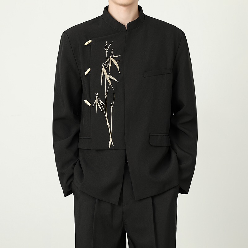 New Chinese Style Men's Dress Engagement Casual Suit Suit National Style Stand Collar Gold Bamboo Embroider Tunic Suit for Men