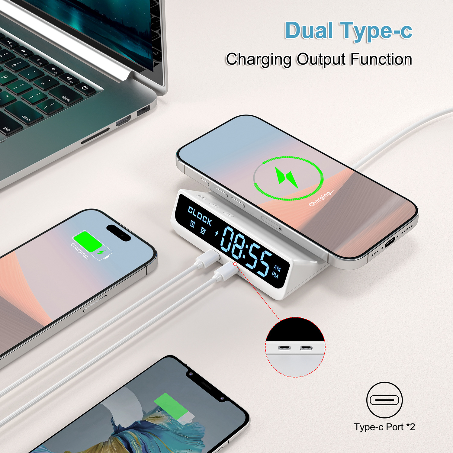 Tres teléfonos móviles al mismo tiempo, doble puerto pd, reloj despertador, pantalla led de baja temperatura, cargador inalámbrico de carga rápida de escritorio