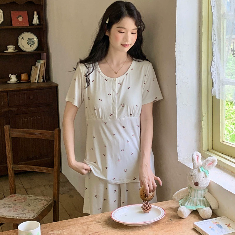 【В наличии 6162】Летняя тонкая домашняя одежда для беременных и кормящих мам из модала с подушечками для груди, короткий рукав