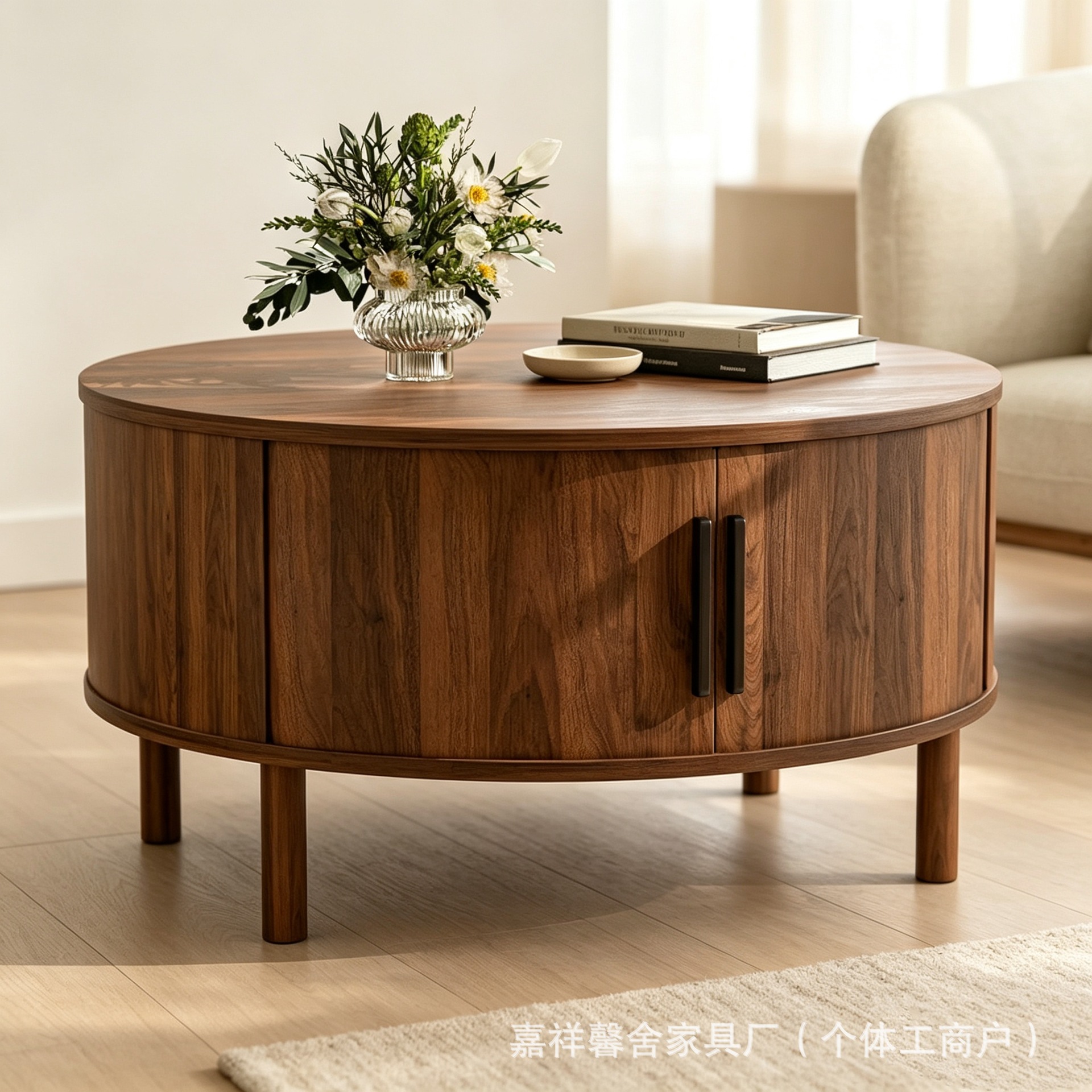 Old Elm Wood Round Coffee Table with Hidden Multi-Functional Storage Space Sliding Door Living Room Bedroom Bedside Wooden Tea Table