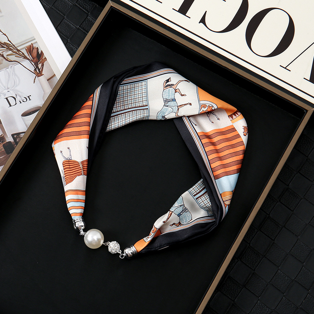 Pañuelo de seda con hebilla magnética de diamantes con incrustaciones de perlas collar mujer retro todo fósforo moda bufanda fina hebilla autocebante babero al por mayor