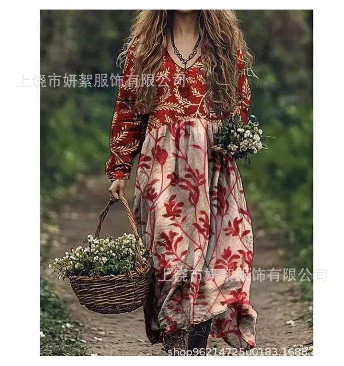 2025外贸跨境欧美3d印花亚马逊夏季长袖连衣裙文艺复古风文艺风|undefined