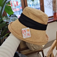 日本製綿麻帽子 レディース サンハット 日焼け止め リボン付きフィッシャーマンハット 抗UV 折りたたみ式 日焼け止めフィッシャーマンハット