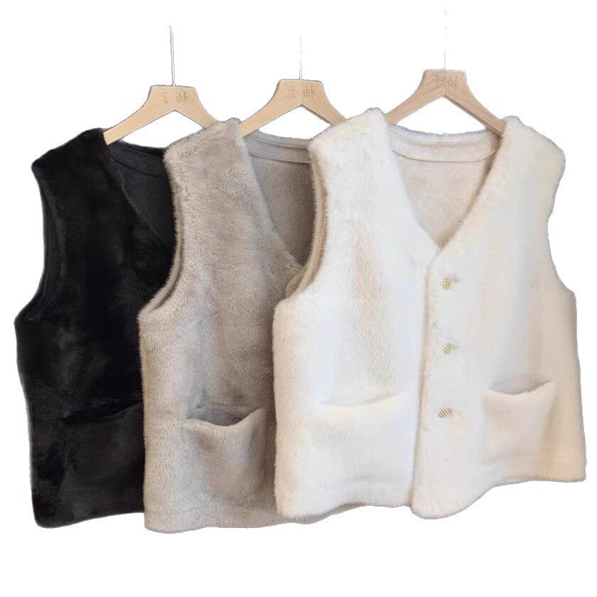 Áo vest nữ phối lông cừu cổ chữ V dáng ngắn mặc ngoài mùa đông — màu xám nhạt, đen