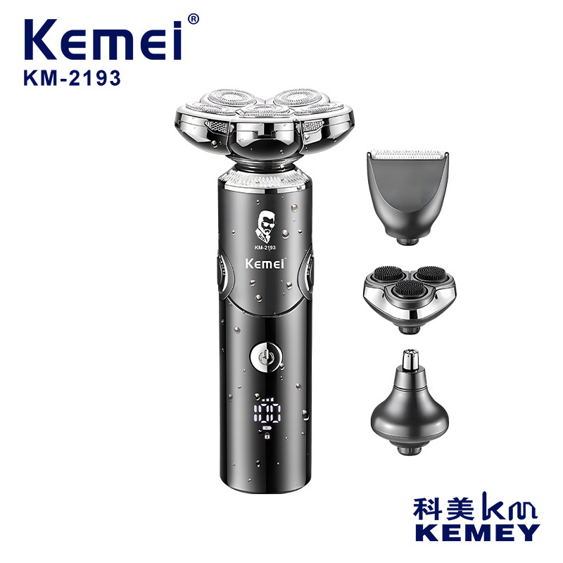 Afeitadora eléctrica Kemei KM-2193, afeitadora multifuncional cuatro en uno con pantalla digital, recortadora de barba lavable