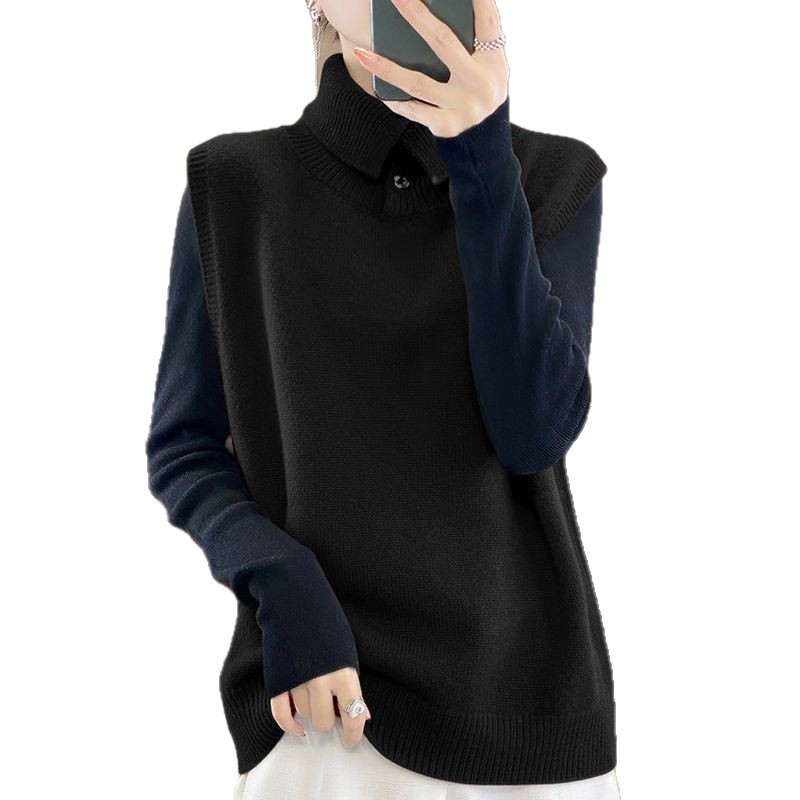 Nuevo chaleco de cuello alto de otoño y invierno chaleco de punto de moda de color sólido con hombros suéteres sueltos sin mangas