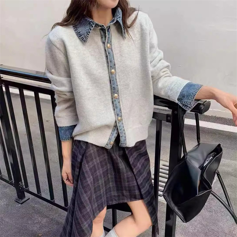 牛仔衬衫领拼接假两件毛衣女秋冬2025新款韩系chic高级感针织外套