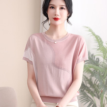 妈妈夏装新款短袖圆领拼色上衣妈妈夏季薄款冰丝T恤宽松打底小衫