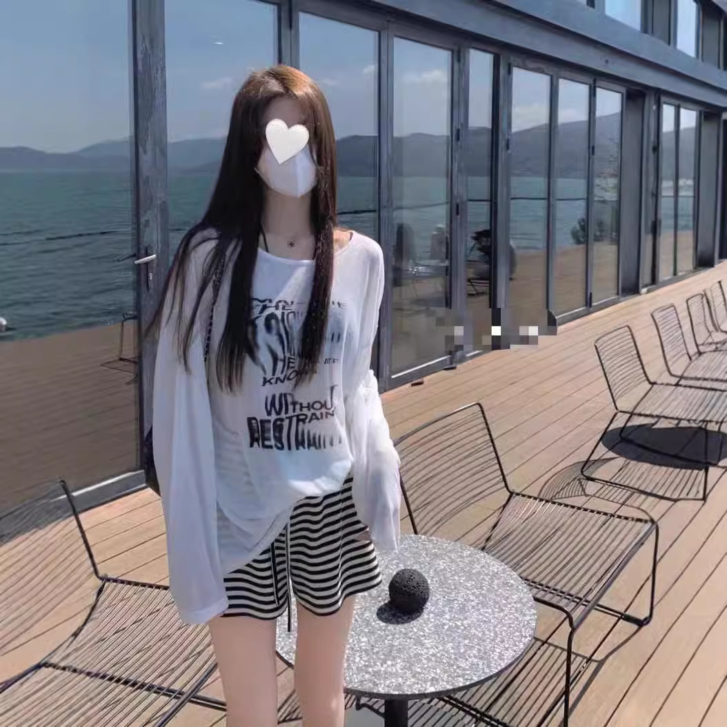 (2개) 게으른 느슨한 인쇄 긴 소매 티셔츠 매운 여름 중간 길이의 얇은 조끼 선스크린 슬리밍 그레이 블라우스 탑