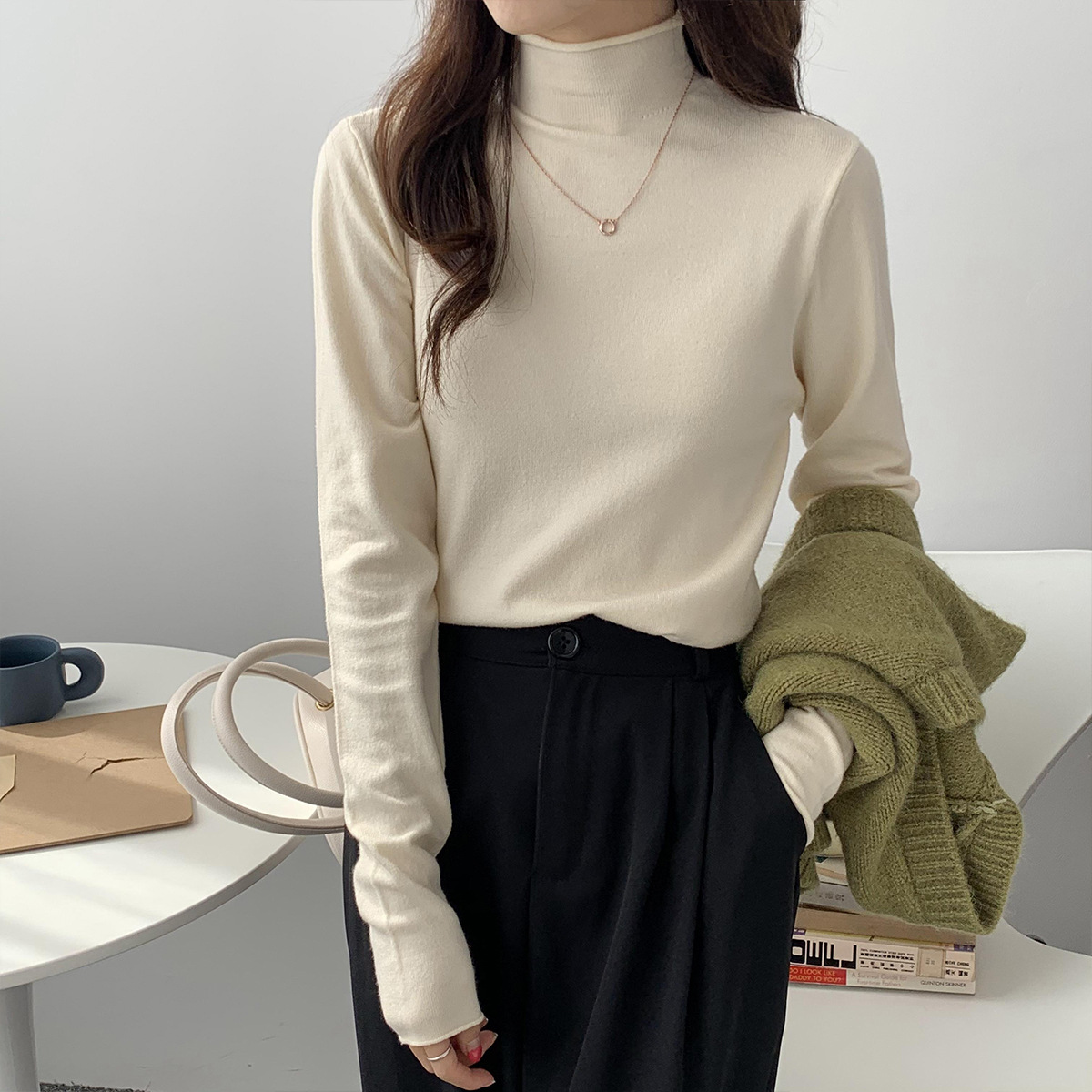 Slim Solid Color Long-Sleeved Small High-Necked Top NSFYF85669