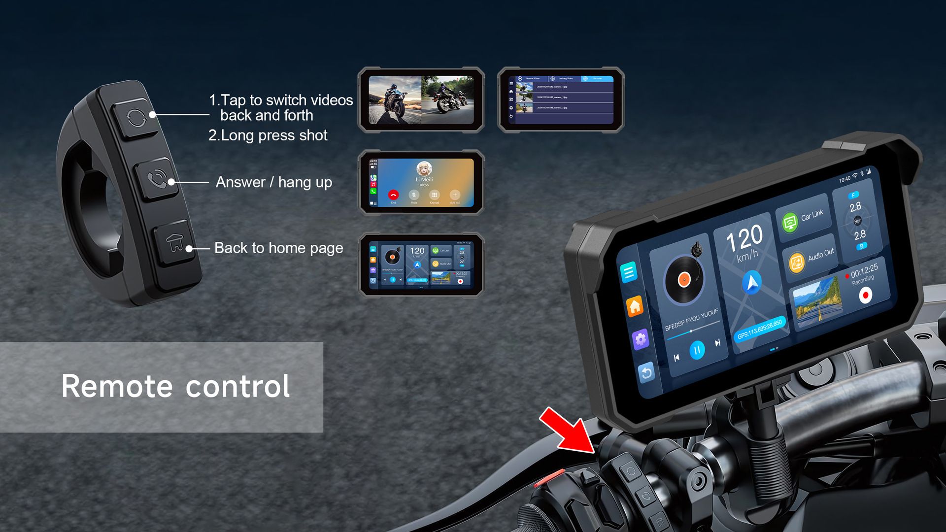 6inch Motorcycle dashcam with front and rear dual lenses, GPS, wireless CarPlay, motorcycle vehicle recorder