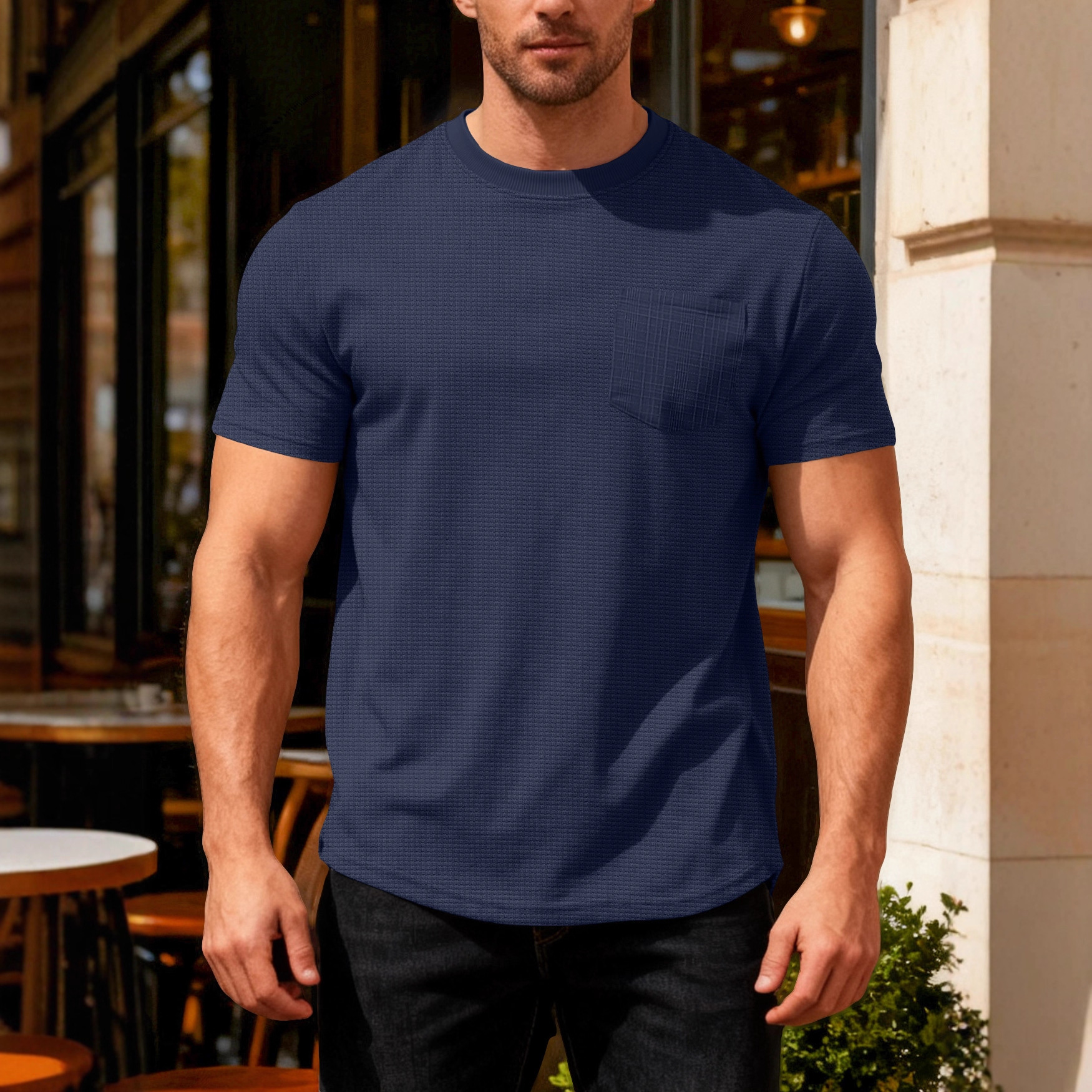 Ropa de hombre transfronteriza Europa y América de verano relajado con bolsillo transpirable de manga corta gran Waffle cuello redondo camiseta de hombre hombre