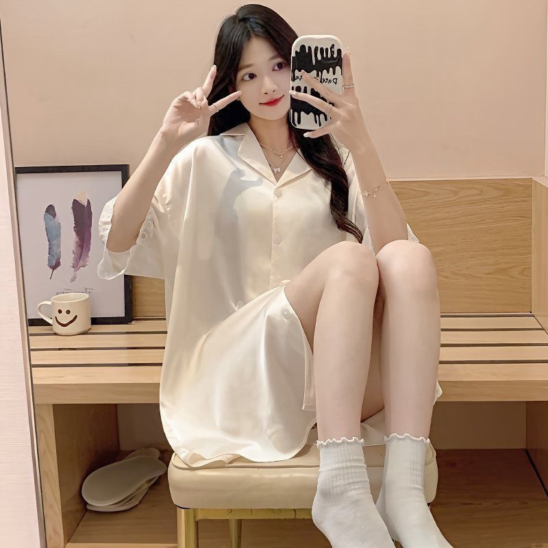 Pure Desire Nightgown Women's Summer Ice Silk Thin Short-Sleeved Pajamas Women's Silk Pregnant Women's Loose Summer Sexy Home Clothes