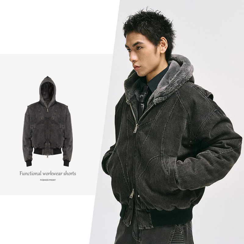 catsstac Tailor Seat Mountain Carving Short Cotton-padded Jacket Men's Winter Thickened Lamb Fleece Coat Washed Used Hooded Cotton catsstac Tailor Seat Mountain Carving Short Cotton-padded Jacket Men's Winter Thickened Lamb Fleece Coat Washed Used Hooded Cotton