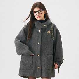 大码韩小个子慵懒风连帽仿毛呢外套女装秋冬季新款复古中长款大衣