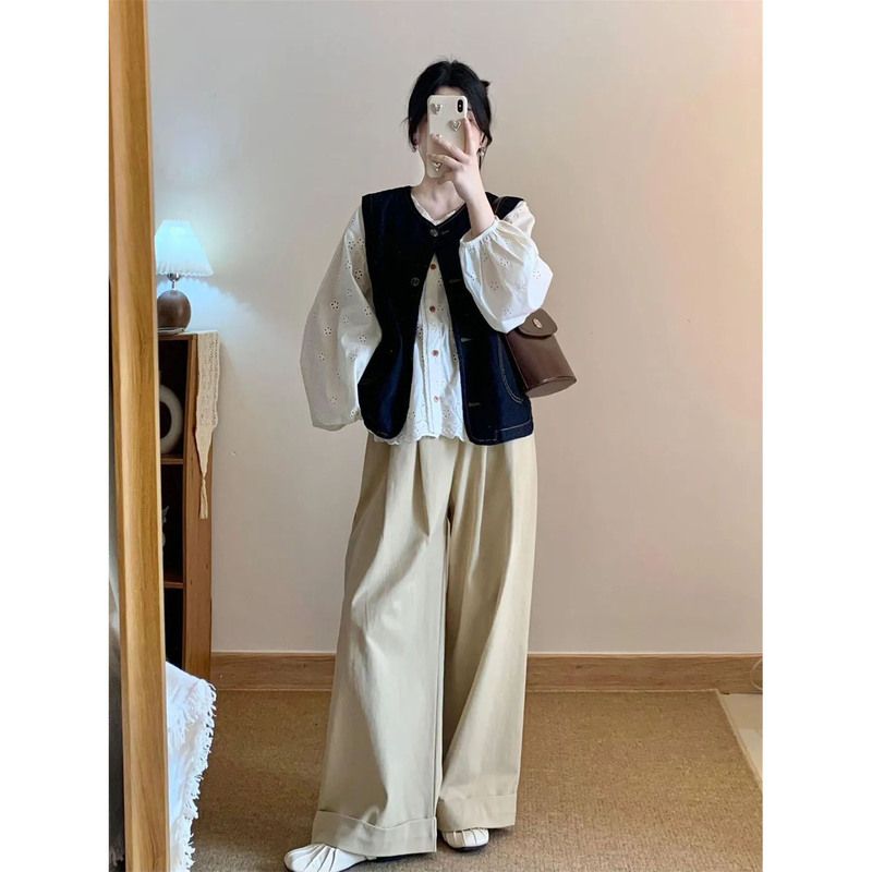 Early autumn a complete set of Korean style retro Denim cardigan vest women's white shirt loose vertical wide leg trousers