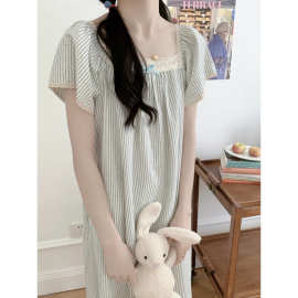 实拍2025夏季简约条纹蕾丝边喇叭袖蝴蝶结宽松睡衣家居服睡裙女