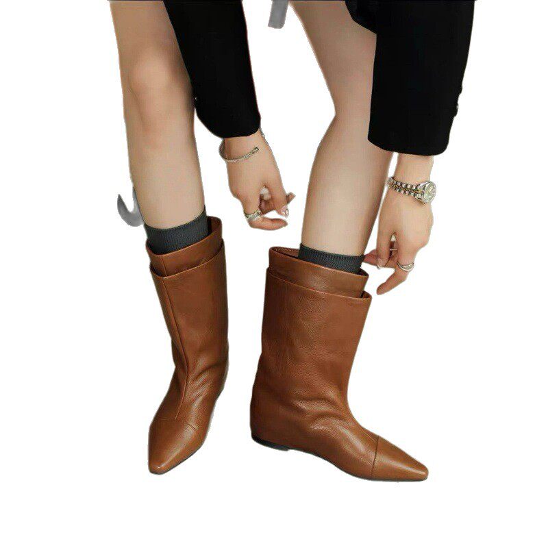 Bốt cổ ngắn nữ da bò mũi nhọn xỏ chân đế bằng gót 3–5 cm — Màu nâu, màu đen
