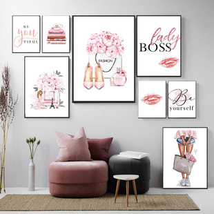 Light luxury style rose gold perfume romantic women's high heels English red lip print living room bedroom Custom Decorative Painting