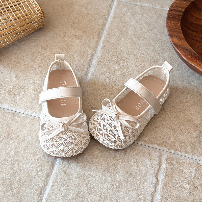 Mary Janes für Mädchen mit durchbrochenem Strickmuster, weicher Sohle, Schleifendekor, Ballerinas im Prinzessinnenstil mit Klettverschluss_voghion.com