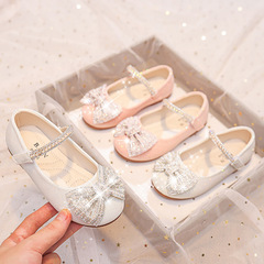 Princess Soft Sole Shoes for Girls 2024 Spring and Autumn New Children's Crystal Shoes Soft Sole with Bow and Water Diamond Baby Leather Shoes