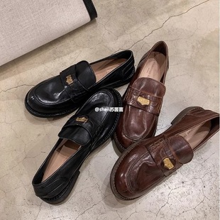Su yinyin with shoes ~ ah miu family small gold horse leather retro polished color suede thick heel loafers women's small leather shoes