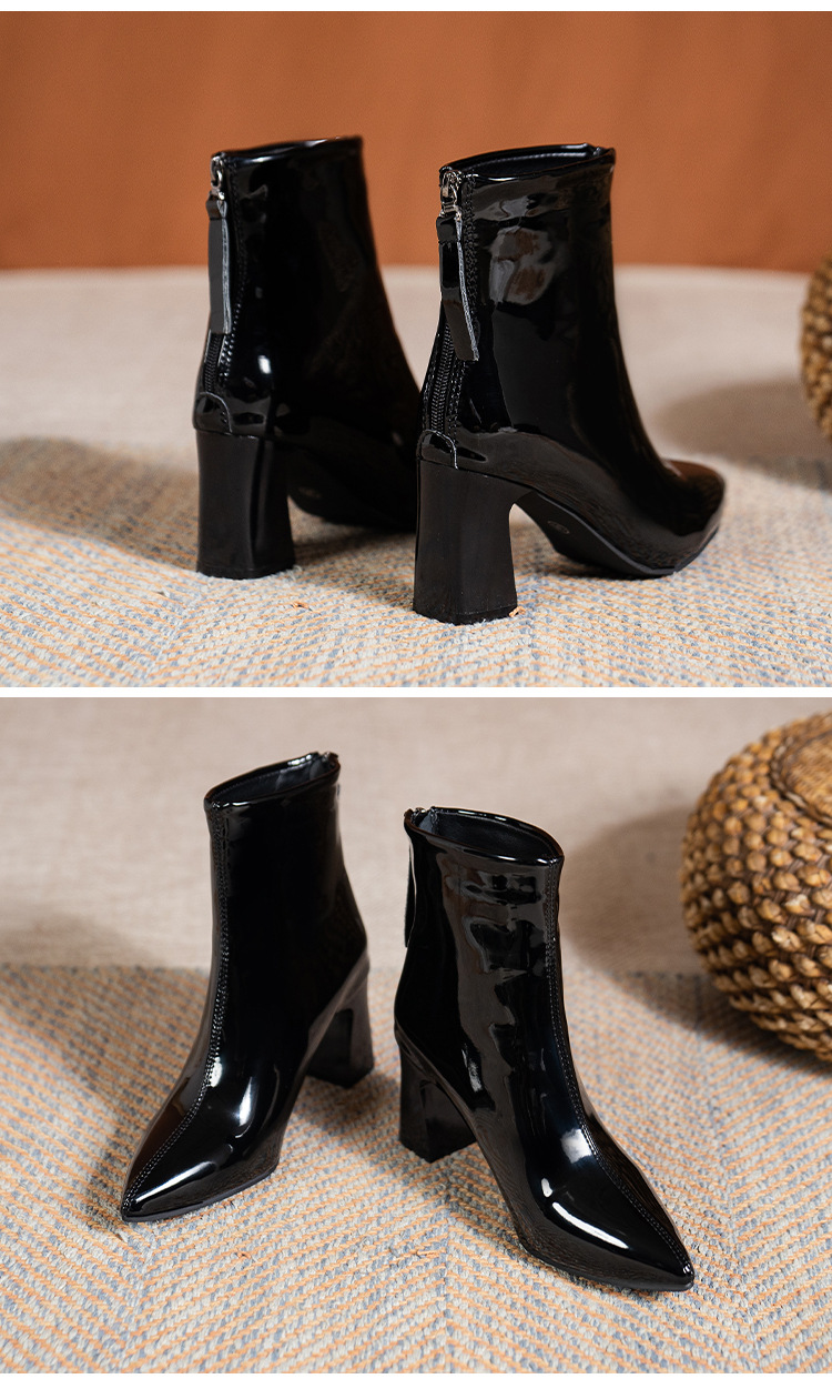 High heeled short for women autumn and winter new British style pointed patent leather thick heel fashion Martin_voghion.com