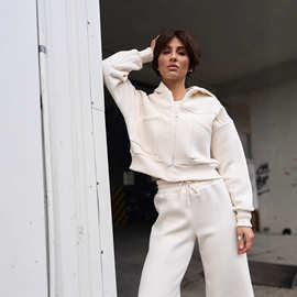 大口袋夹克卫衣女冬季时尚外套气质通勤运动连帽衫套装女装两件套