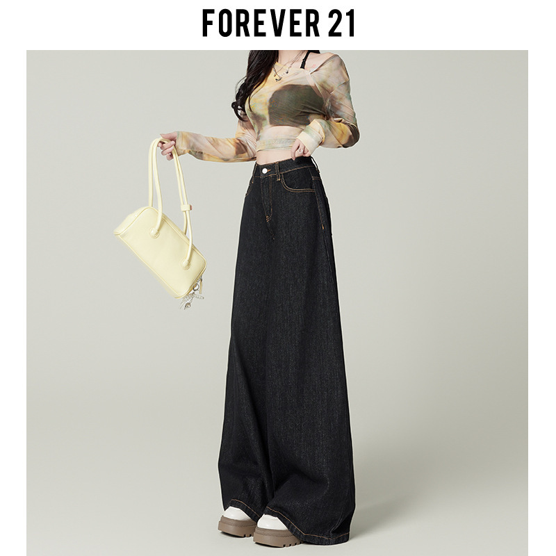 Forever 21复古深蓝大阔腿牛仔裤女春秋垂感高腰宽松垂感拖地裤子|undefined
