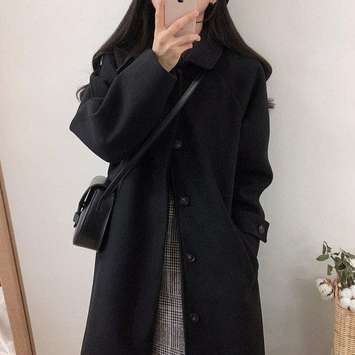 Women's 2025 British Style Windbreaker Medium Length Coat, Small Figure Black Hephburn Style Woolen Outerwear for Autumn and Winter