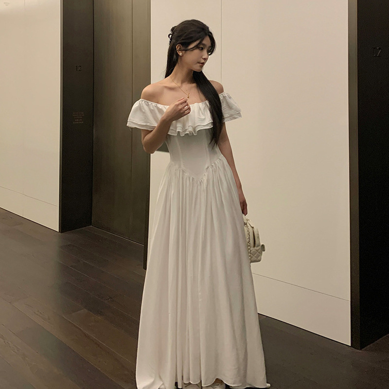 女性用ホワイトワンショルダードレス2025年夏の新しい人気スタイルの見事な海辺の休暇フレンチロングドレス|undefined