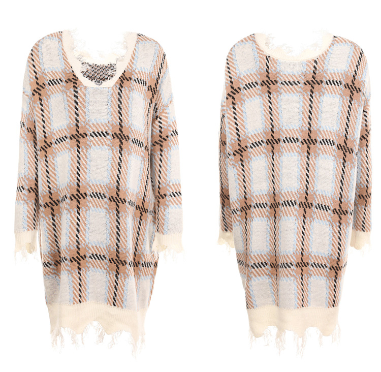 V-Neck Checkered Knit Loose Ripped Long Sweater Dress NSYH97051