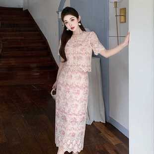 Ready-Made Real-Shot Embroidered Lace Fashionable Little Fragrance High-End Ladylike Style Short-Sleeved Skirt Two-Piece Set