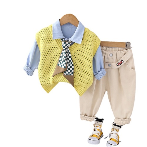 男童洞洞马甲长袖三件套秋季新款中小童男宝宝时尚运动长袖套装潮