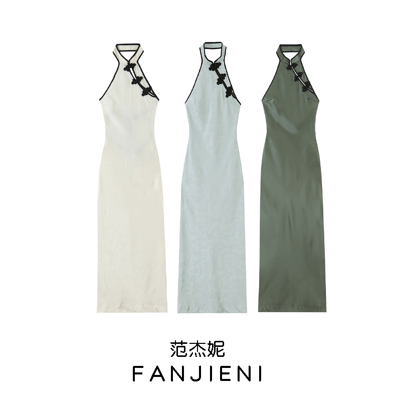 Zr Foreign Trade Wholesale European and American Style Women's Fashion Backless Tie Knot Jacquard Midi Dress 4772373