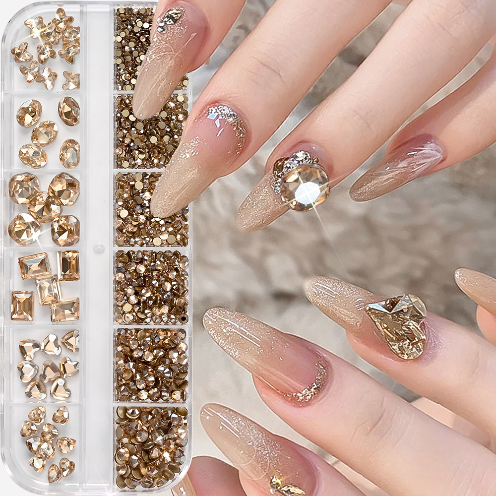 12-Grid Nail Art Accessories Double Glass Round Rhinestones with Pointed Bottom Irregular Rhinestones in 8 Colors for Girls Flat-Bottom Nail Art Rhinestones